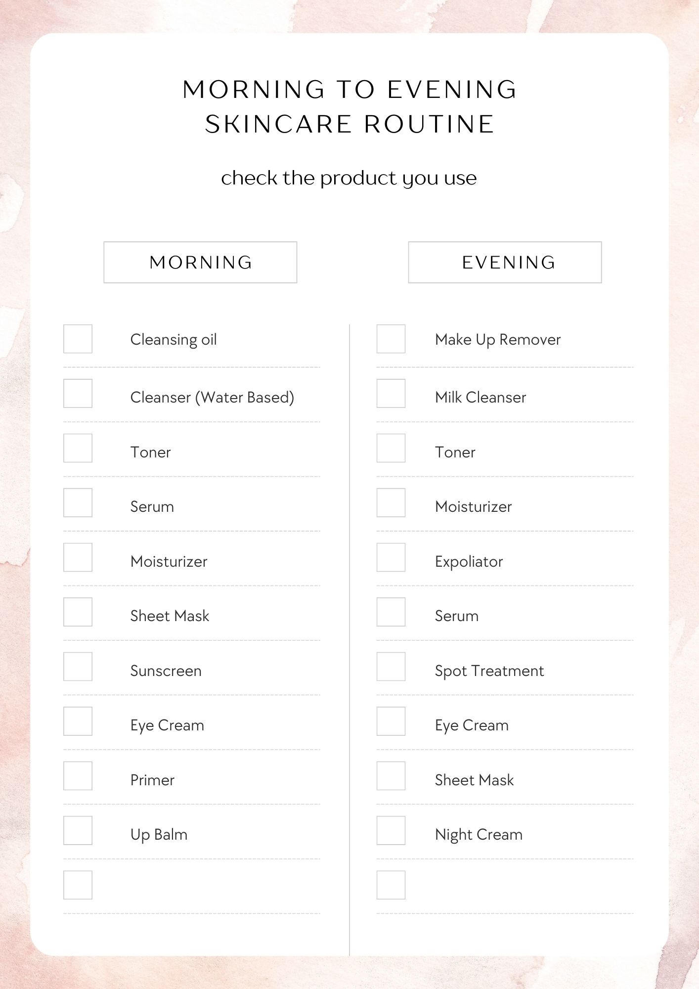 morning to evening skincare routine checklist