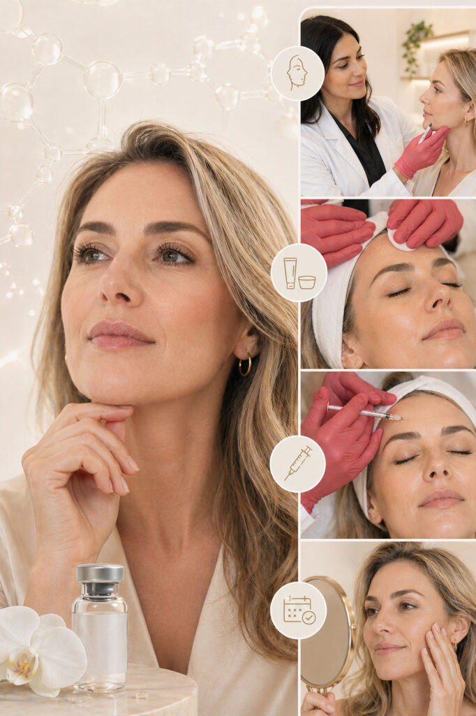 Step-by-step Daxxify treatment process showing facial consultation, treatment mapping, precise wrinkle relaxer injections, and aftercare guidance at House of Aesthetics Med Spa.