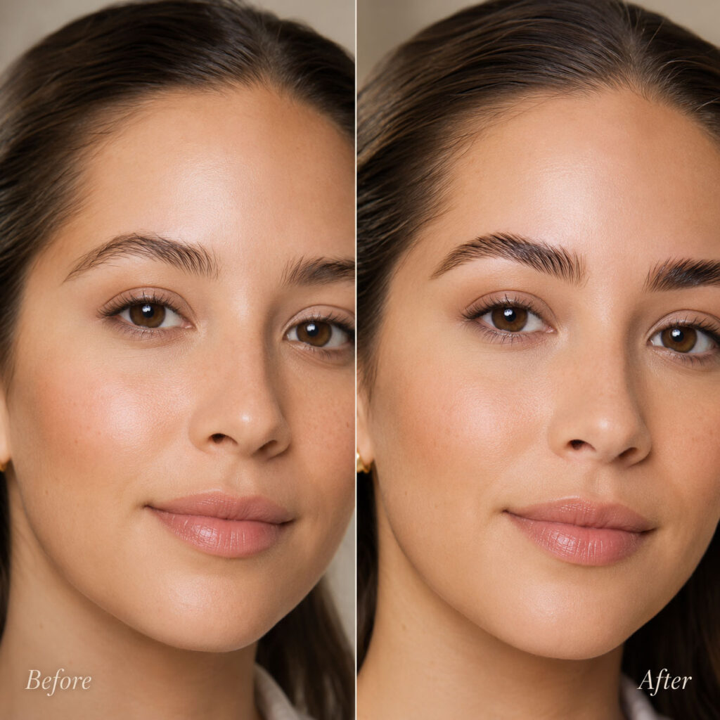 Before and after brow lamination comparison showing fuller, lifted, and more defined eyebrows with a polished natural shape.