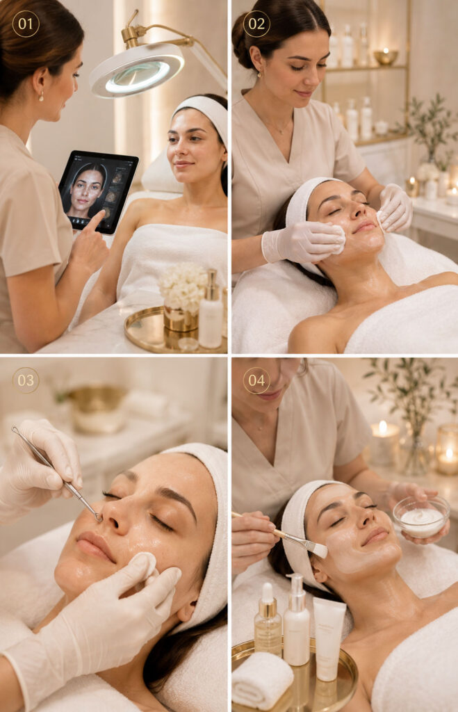 Step-by-step Custom House Facial process showing skin analysis, cleansing, extractions, and treatment mask application at House of Aesthetics Med Spa.