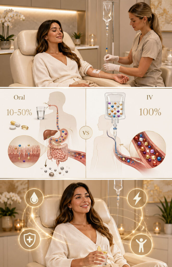IV therapy comparison showing oral supplements passing through digestion versus IV infusion delivering nutrients directly into the bloodstream for higher bioavailability.