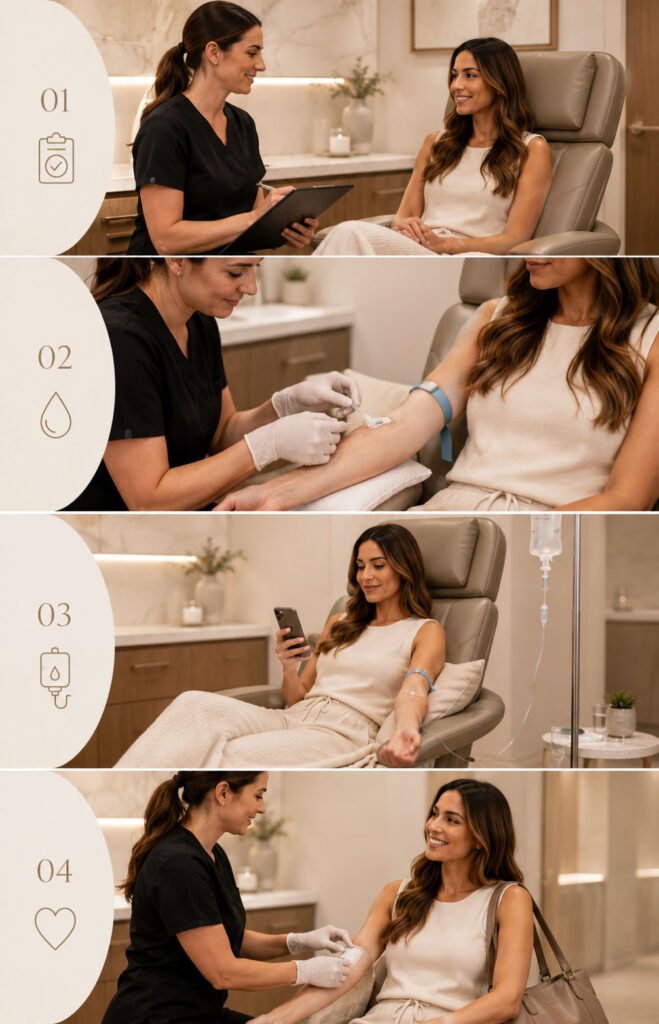 Step-by-step IV therapy session showing health screening, IV placement, nutrient infusion, and post-treatment discharge at House of Aesthetics Med Spa.