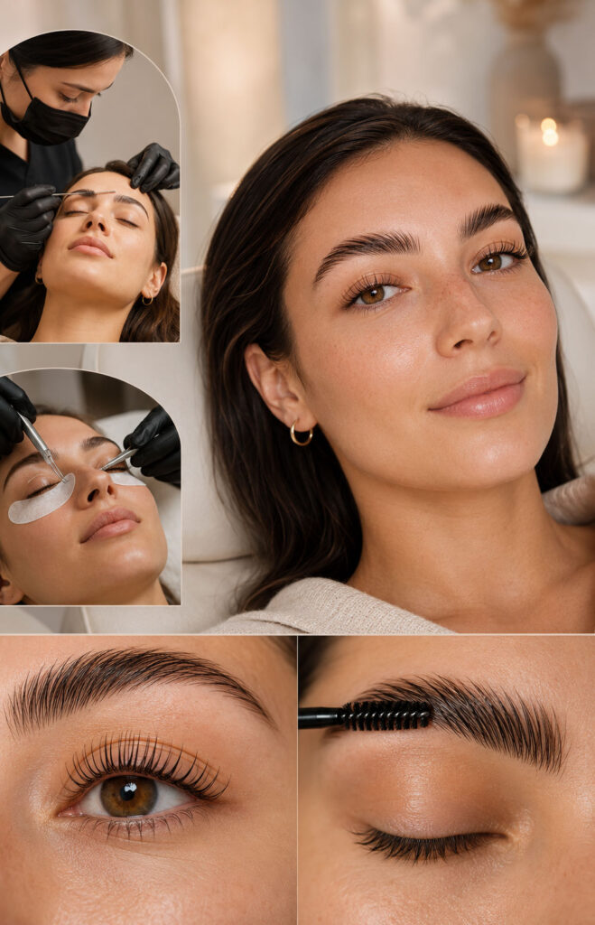 Lash lift and brow lamination combo treatment showing lifted lashes, brushed-up brows, and a polished no-makeup eye-frame result.