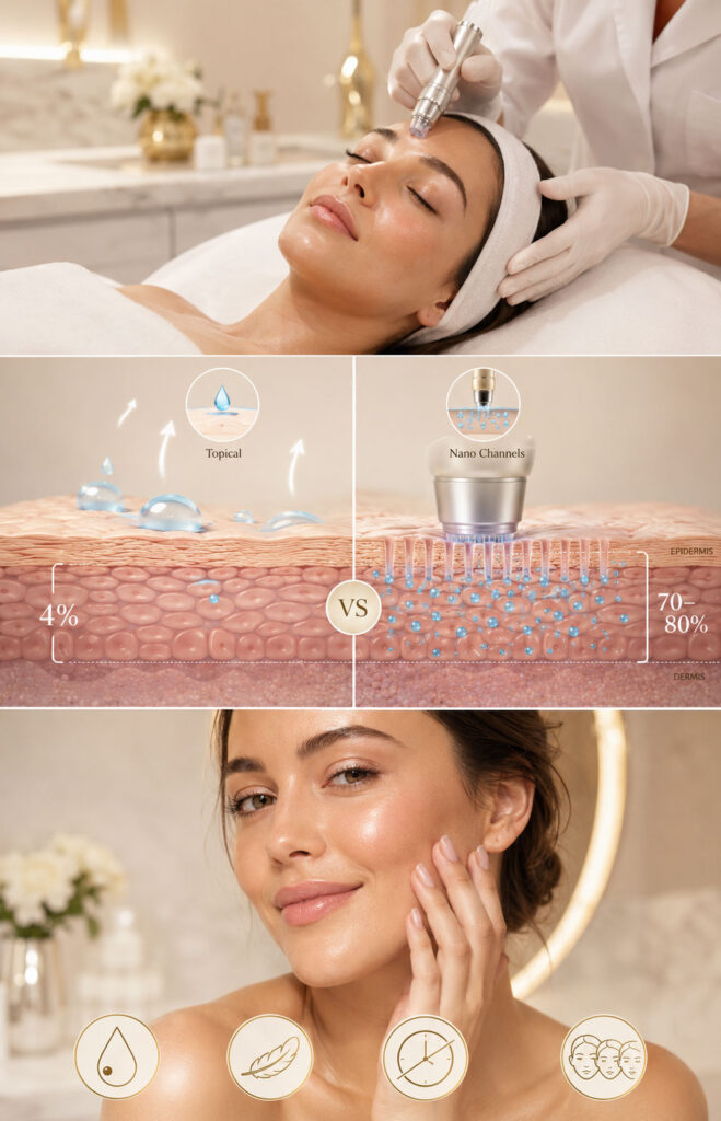 Nano Infusion Facial science image showing how nano channels improve serum absorption compared with topical skincare on intact skin.