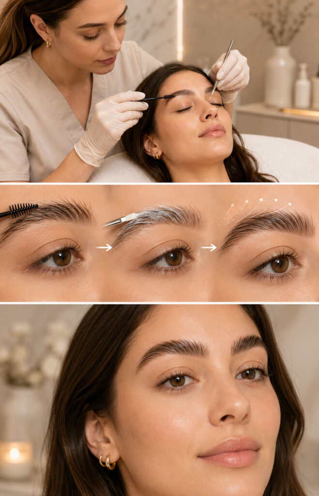 Brow lamination treatment showing a beauty professional lifting and setting eyebrow hairs into a fuller, brushed-up shape for a polished look.