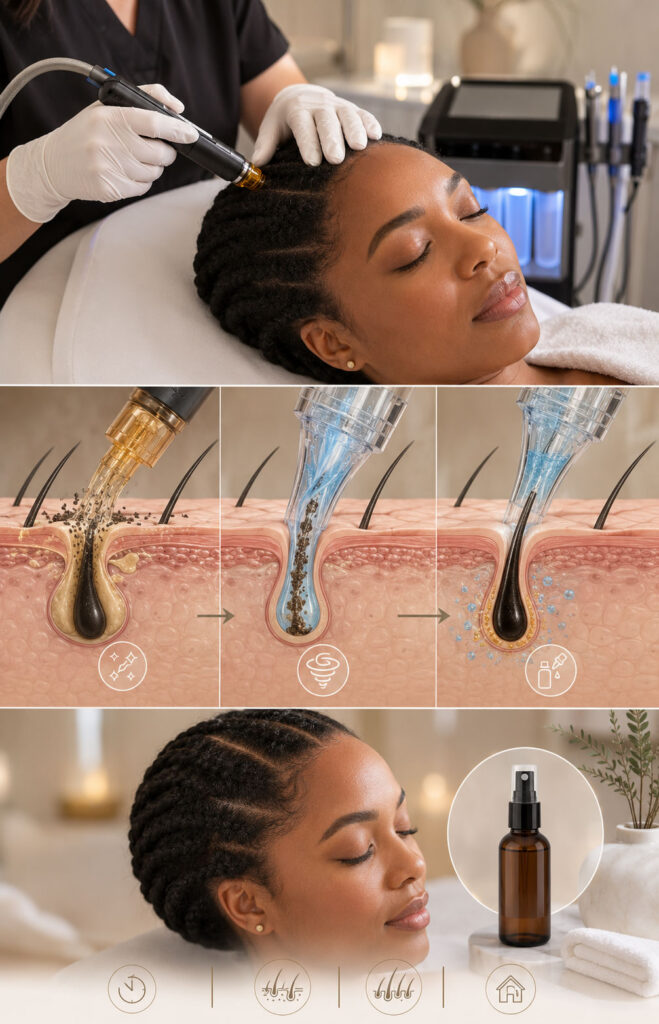 HydraFacial Keravive scalp treatment showing Vortex-Cleansing technology removing follicle buildup and infusing Keravive Peptide Complex Serum to support scalp health and hair density.