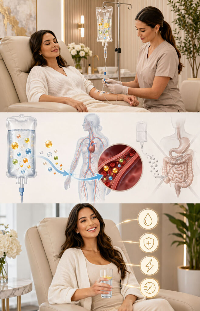 IV therapy in Huntington Beach showing a licensed provider administering an IV hydration drip that delivers fluids, vitamins, and nutrients directly into the bloodstream.