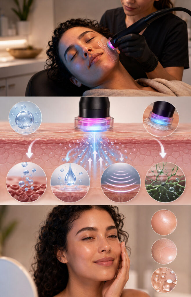 Glo2Facial OxyGeneo treatment showing a provider using the glowing facial device to oxygenate, exfoliate, infuse serum, and refresh the skin.