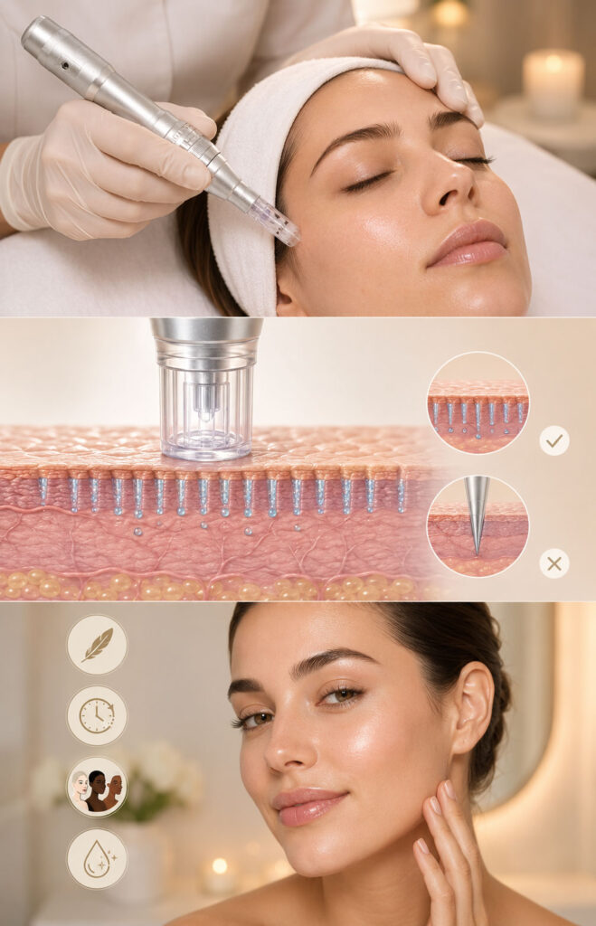 Nano Infusion Facial treatment showing a nano-tip device creating shallow epidermal channels to enhance serum absorption without traditional microneedling downtime.